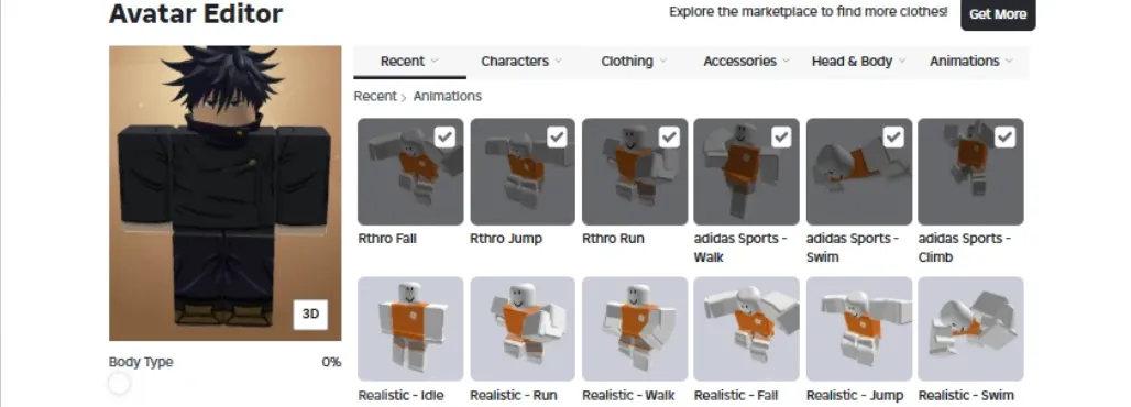 RBL2923 (EMAIL YOK) 12.3k+ Robux Totalli Hesap Rthro Animations Adidas Sports Walk Swim Climb Realistic Idle Run Jump Swim Megumi Gi Hun (G)